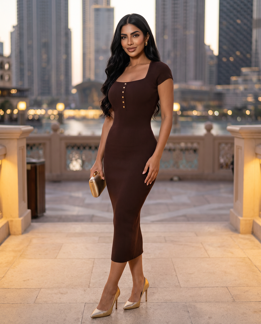 Woman in a fitted chocolate ribbed knit dress with a smooth silhouette, evening in Dubai
