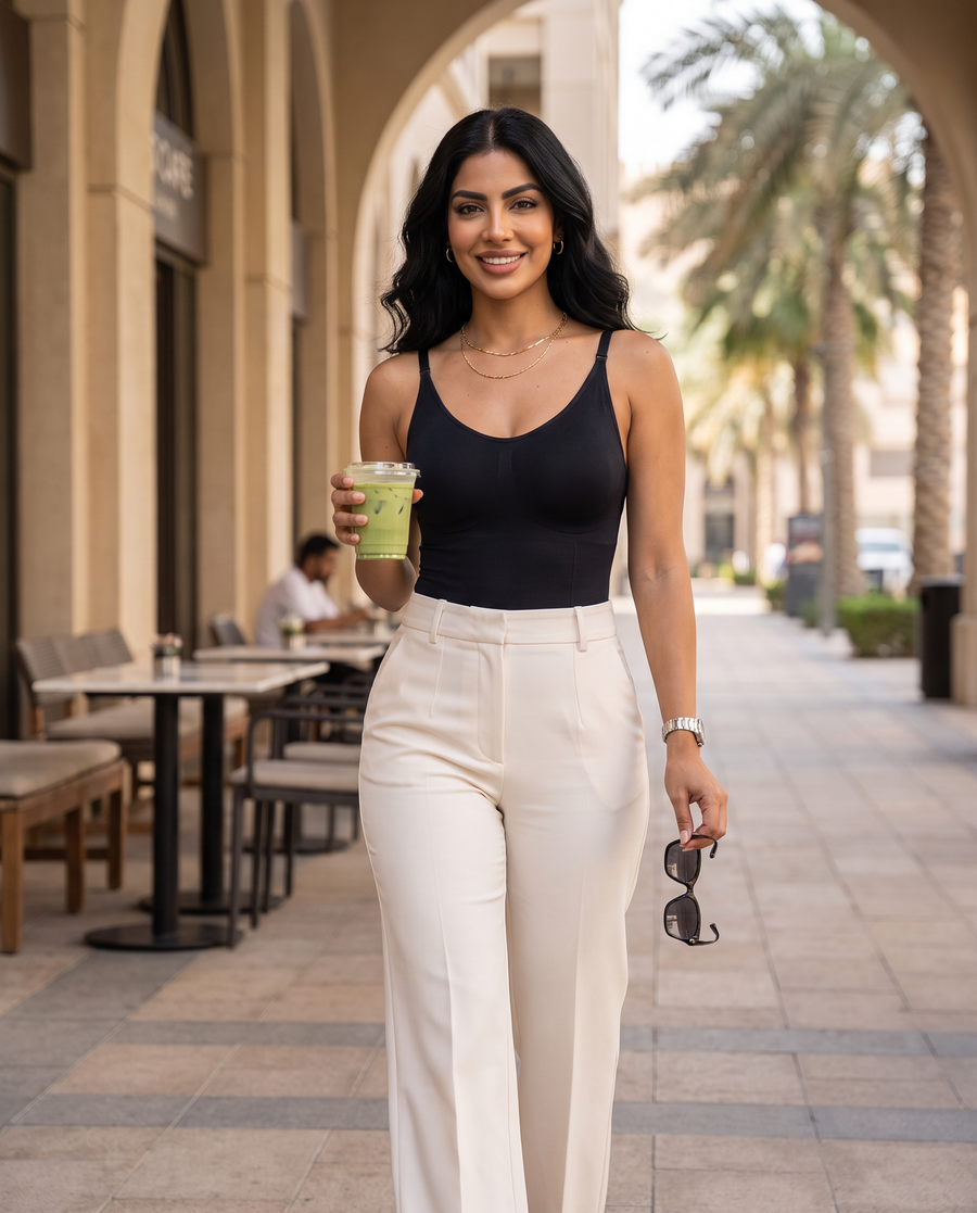 Woman wearing the black Bodyleen bodysuit as a top with off-white tailored trousers in Dubai